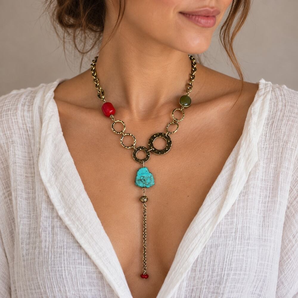 Chico's Gold Ring Turquoise Y Drop Tassel Statement Necklace os